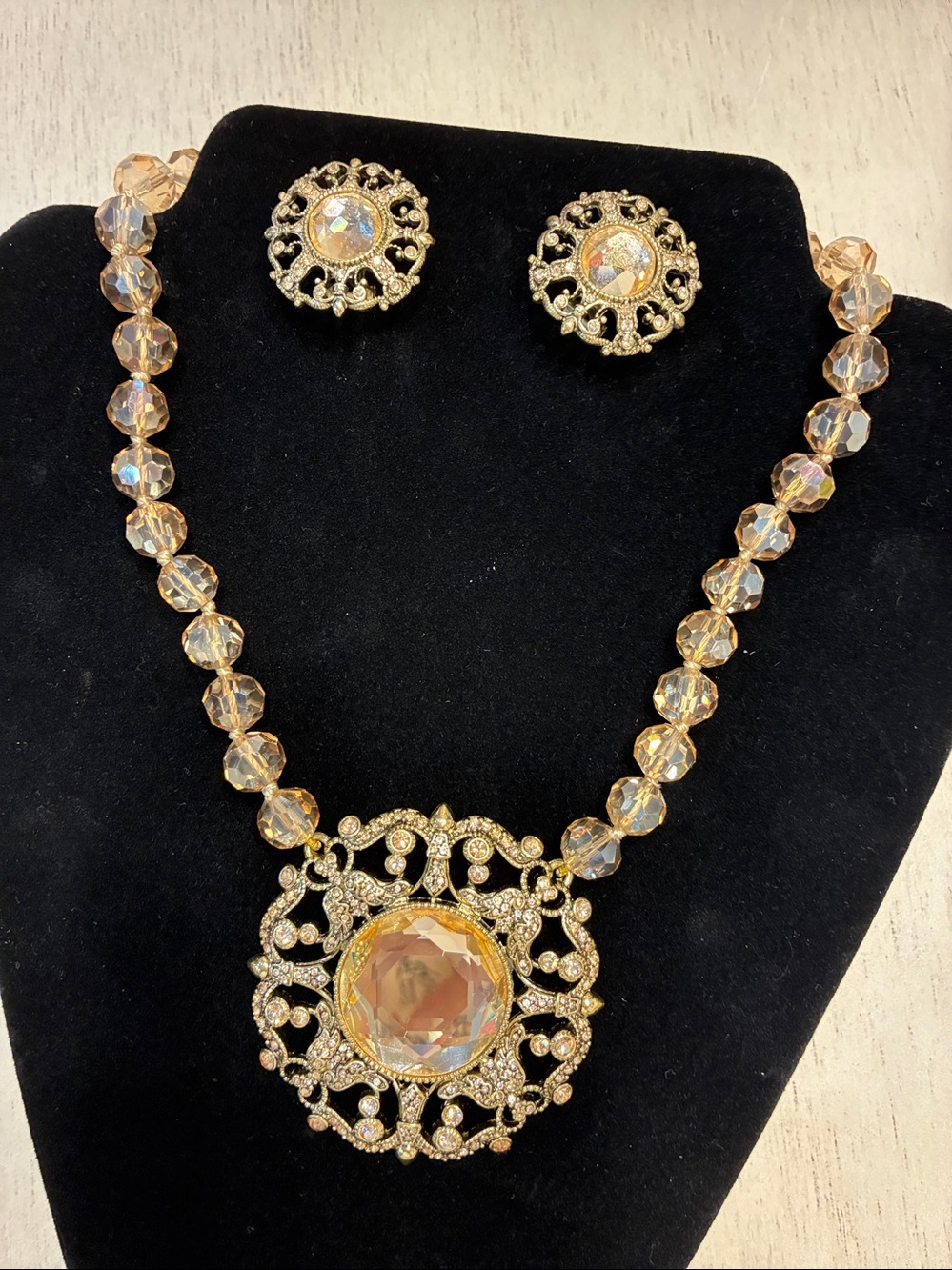 Gold Crystal Statement Necklace and Earring Set by Heidi Daus.